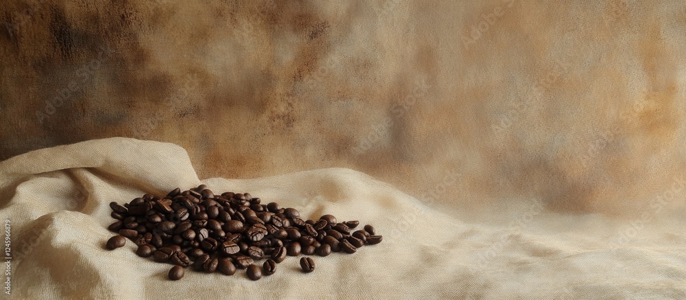 Poster Coffee beans scattered on a textured linen napkin with a soft toned background creating a warm and inviting atmosphere.