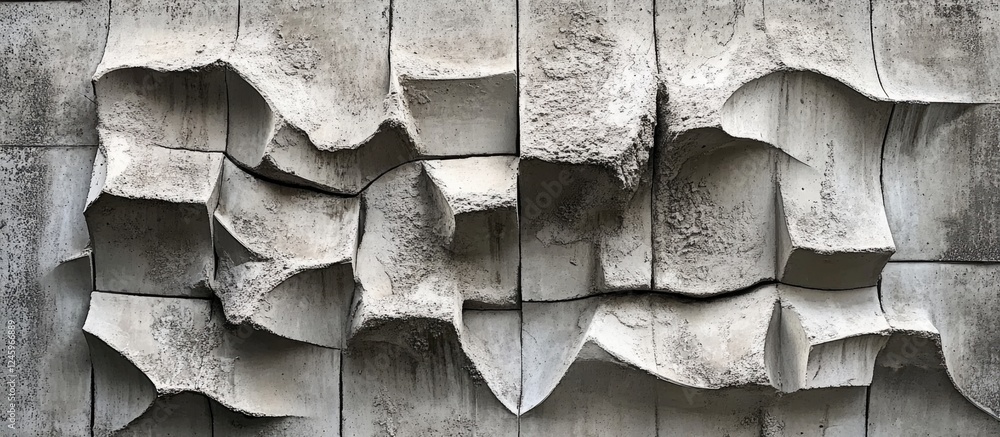 Poster Textured concrete wall with visible plaster decay showcasing connection points of multiple concrete slabs in close-up view.