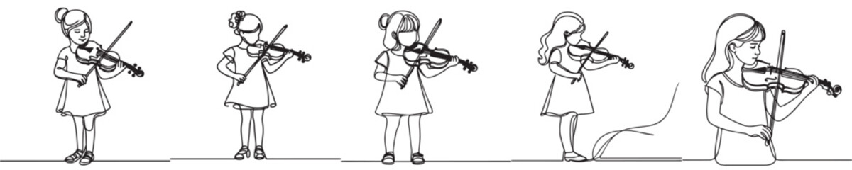 continuous line set of girl playing violin