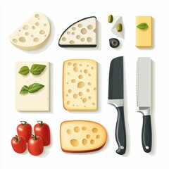 Assorted cheese and fresh ingredients display.