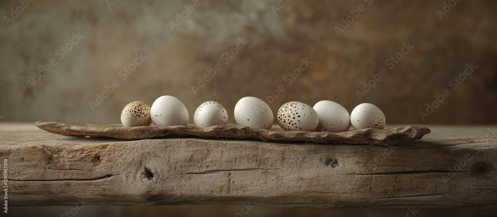 Poster quail eggs arranged on a rustic wooden platter against a textured background for a natural and organ