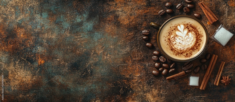 Poster aromatic cappuccino with coffee beans and cinnamon sticks on rustic wooden background ideal for text