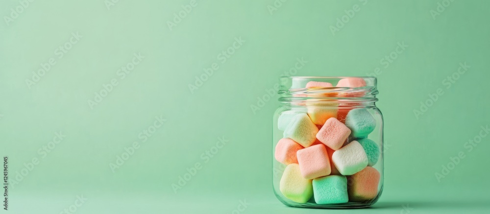 Aufkleber Colorful marshmallows in a glass jar against a light green background with ample space for adding personalized text or branding