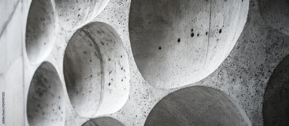 Poster textured concrete wall with circular indentations showcasing industrial design and contemporary arch
