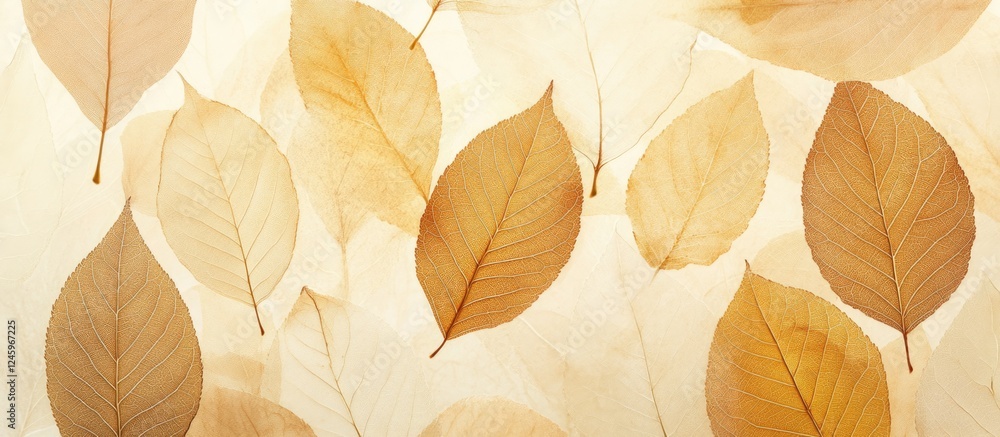 Poster soft focus background of dried leaves with warm autumn hues creating a serene, textured natural patt