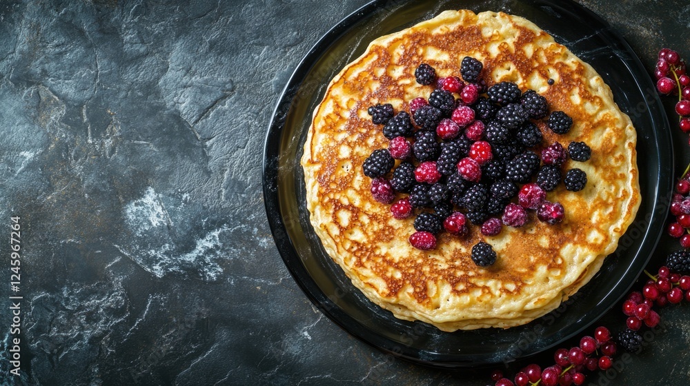 Poster northern pancakes with berries on an onyx plate top view flat lay style with empty space for text pl