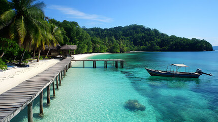 Fototapeta premium A tropical island paradise with crystal-clear turquoise waters, white sandy beaches, and lush palm trees. A wooden pier extends into the water, where a small boat is moored.