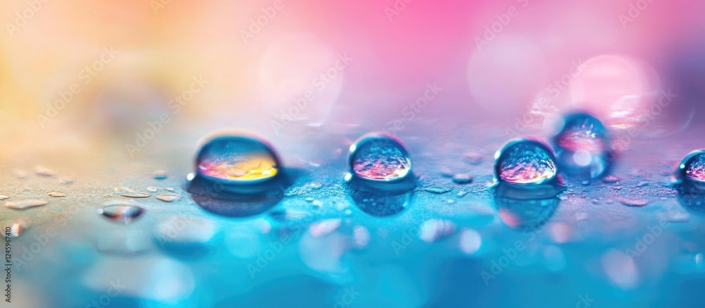 Poster vibrant macro photography of colorful water droplets on a surface with a blurred pastel background s