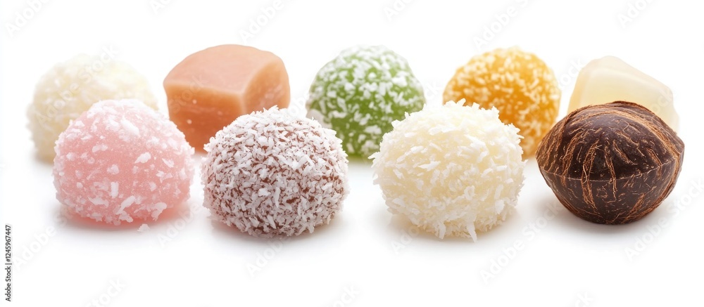 Poster assorted coconut candies arranged on a white background showcasing a variety of flavors and textures