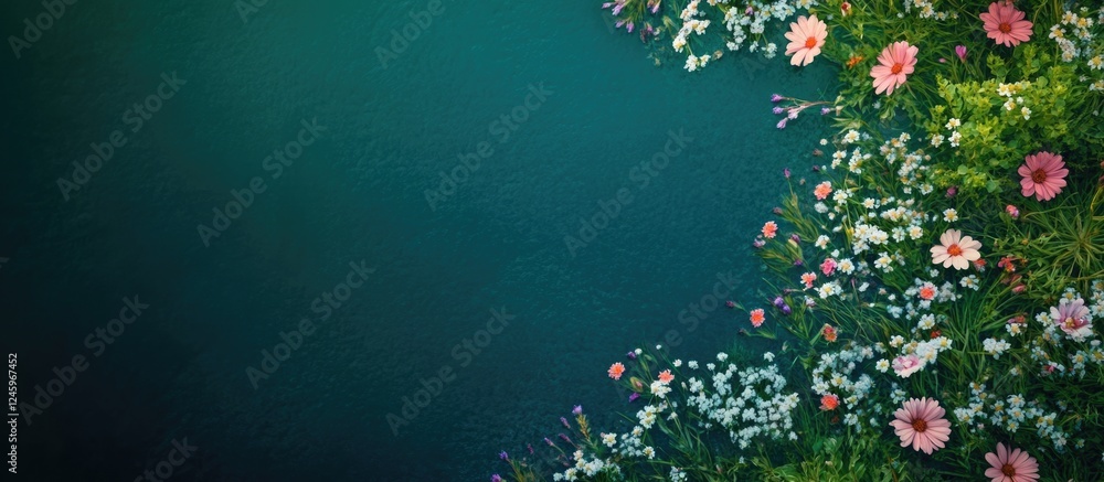 Aufkleber vibrant aerial view of a serene floral meadow with soft pastel flowers on a calm background, perfect