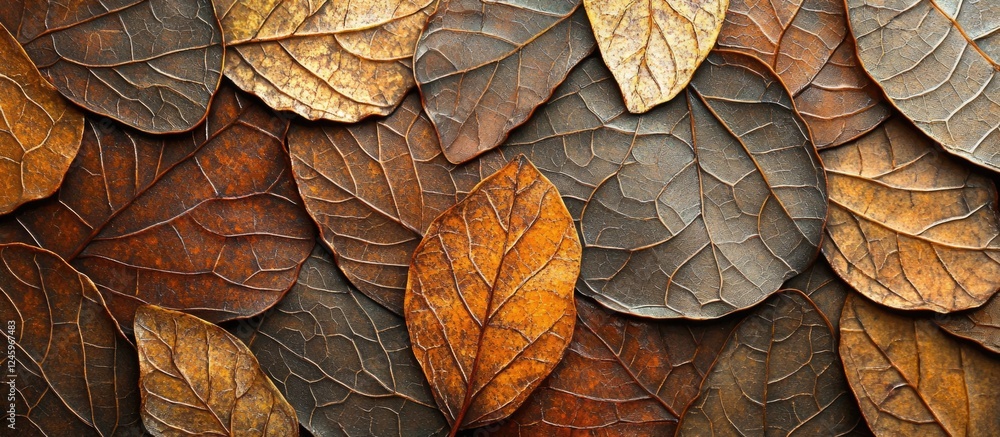 Aufkleber textured dry leaves arranged artistically in warm autumn colors creating a natural and rustic backgr