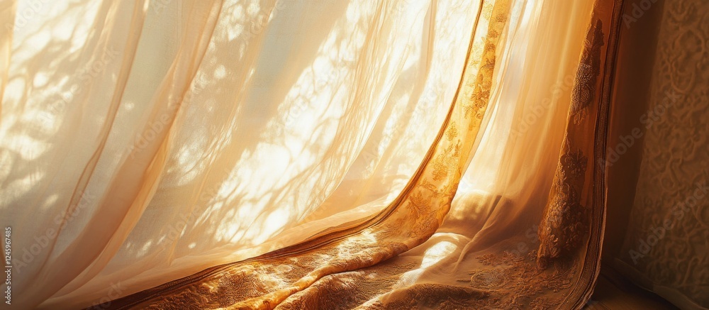 Aufkleber soft light filtering through delicate curtains highlighting intricate embroidery in a serene indoor 
