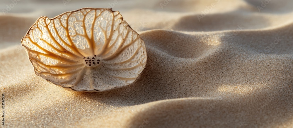 Poster dried lotus seed head resting on fine sand displaying intricate details and soft textures in a seren