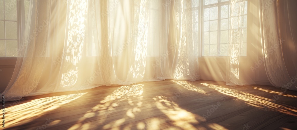 Poster light patterns created by sun rays on a flowing white curtain in a softly lit room with a warm ambia