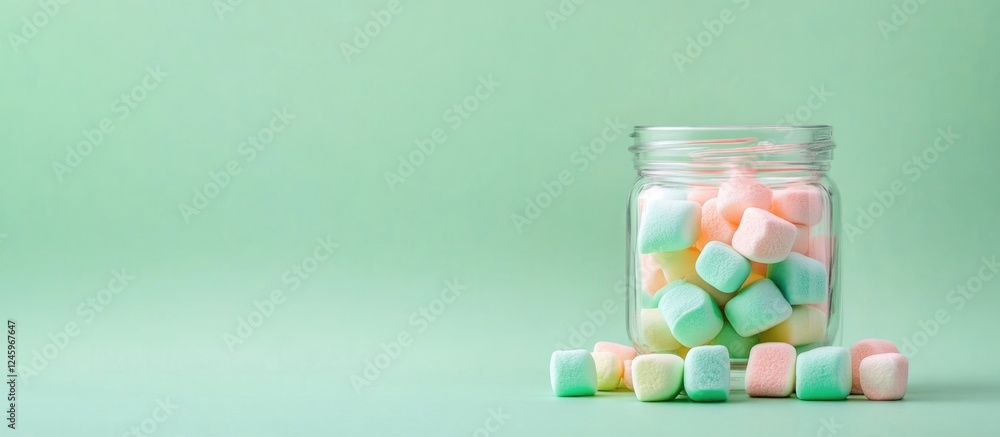 Poster Colorful marshmallow candies in a glass jar on a light green background with ample space for text or design elements