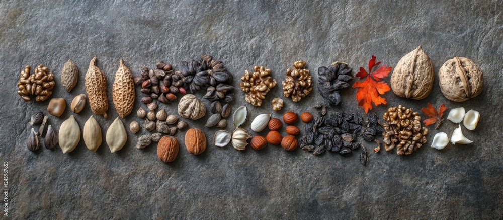 Poster diverse assortment of seeds and walnuts arranged on a textured gray surface highlighting their natur