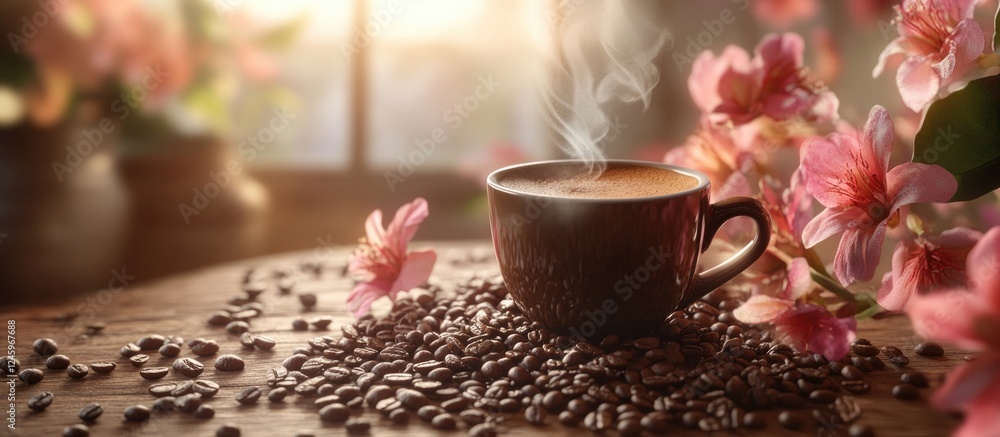 Poster coffee cup surrounded by coffee beans and pink flowers in a cozy setting with warm sunlight creating
