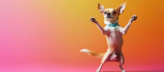 Playful dog twirling with wagging tail against a colorful gradient background with space for additional text or graphics.