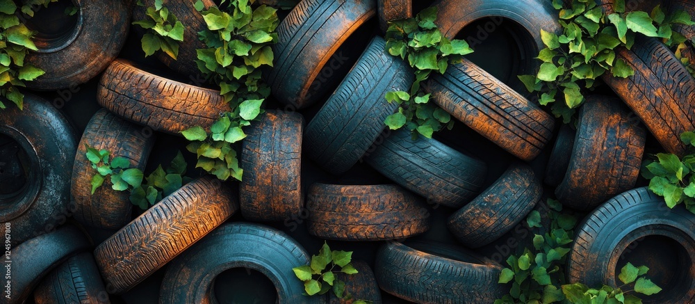 Poster composition of worn car tires intertwined with green vines creating a textured natural background fo