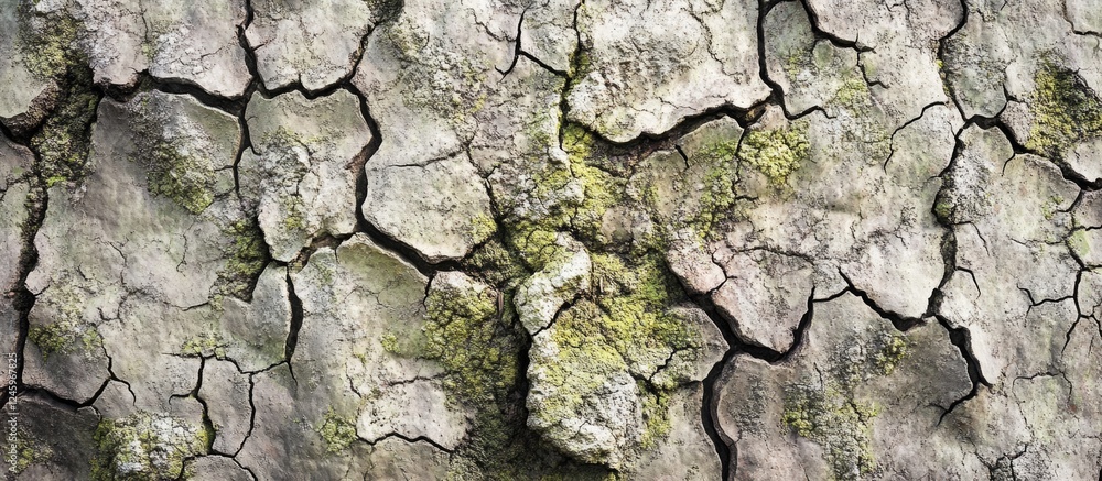 Poster close-up of aged and weathered concrete wall texture showcasing intricate cracks and moss in high re