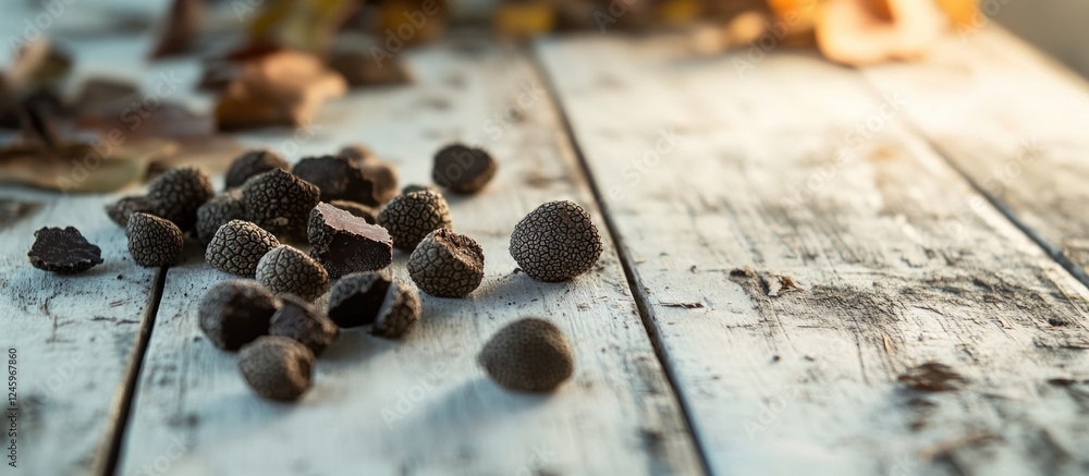 Aufkleber cut black truffle mushrooms scattered on a rustic wooden table with soft natural light and autumn le