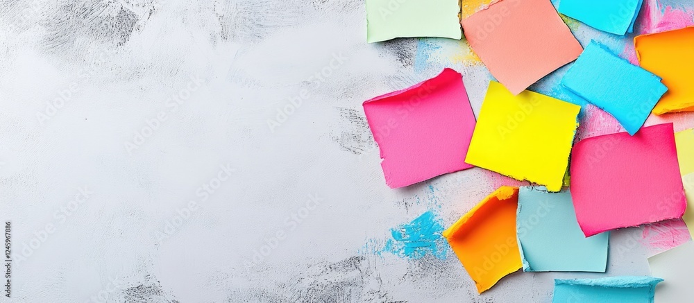 Poster Creative workspace with colorful sticky notes and blank space for notes and ideas on a textured gray background
