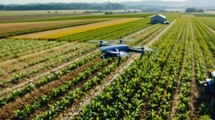 Agricultural drones monitoring crops in vast green farming fields. Agriculture concept