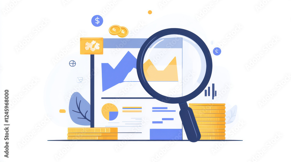Poster analyzing financial data with magnifying glass, showcasing charts and coins. this illustration empha