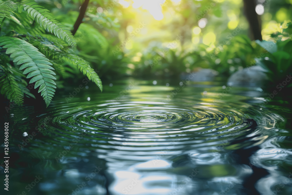 Poster close up of a water drop on a green leaf with soft focus background showing natural elements of natu