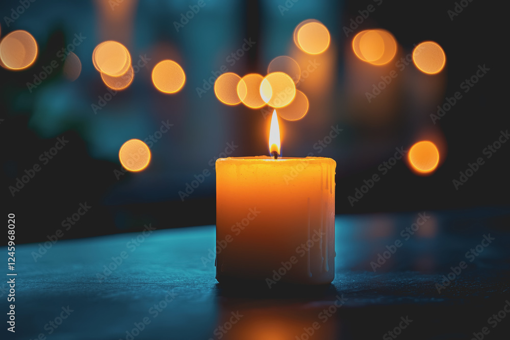 Poster candle with soft glow and blurred lights background creating a warm and inviting atmosphere in a dim