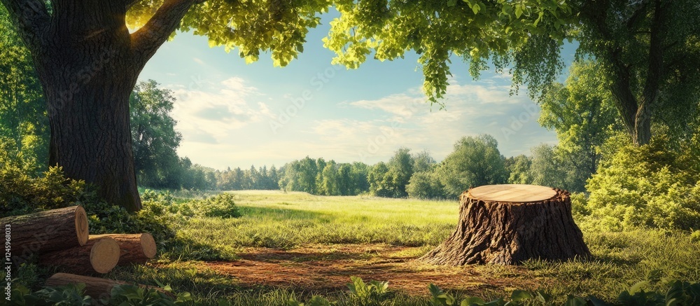 Poster sunlit forest clearing with a freshly cut tree stump surrounded by lush greenery and logs, symbolizi
