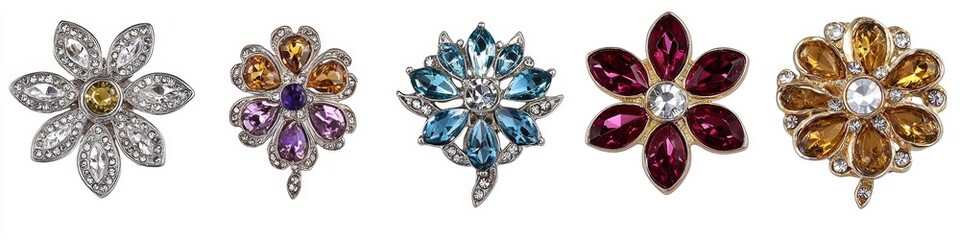Five floral gemstone brooches on white