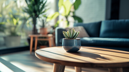 A cozy living room scene highlighting a small succulent on a wooden table, surrounded by soft sunlight and lush greenery, creating a warm and inviting atmosphere for relaxation.