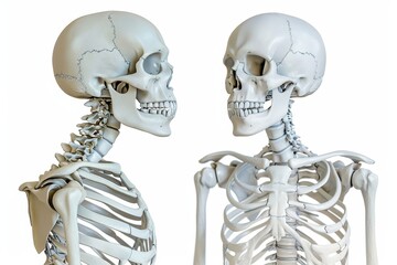 Detailed side view of a realistic human skeleton model, showcasing anatomical features and structure in a neutral background