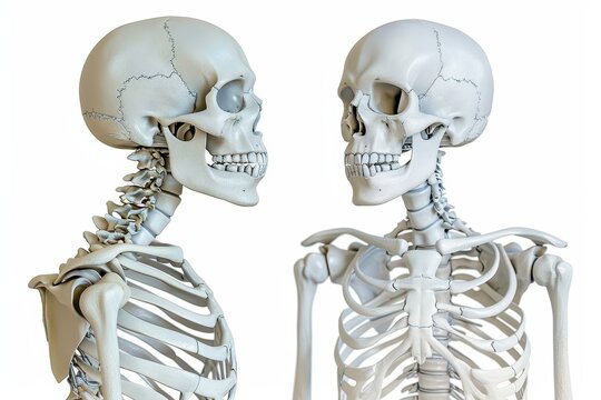 Detailed side view of a realistic human skeleton model, showcasing anatomical features and structure in a neutral background