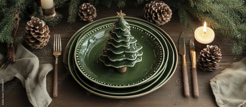 Poster ecological christmas table setting with green plates and napkin tree centerpiece surrounded by pinec