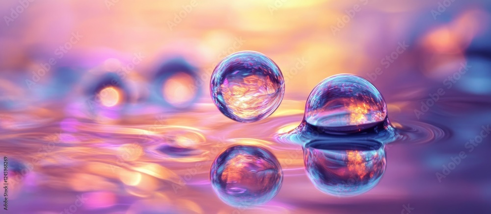 Poster colorful macro photography of oil bubbles reflecting vibrant hues on a water surface creating a mesm