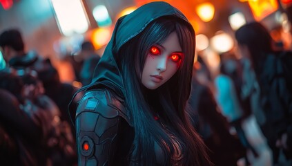 Fototapeta premium An Asian female assassin with black hair under her hood, walking through a cyberpunk cityscape background