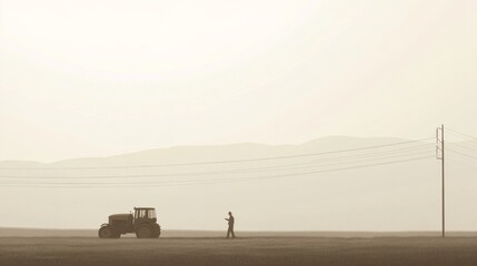 Farmer inspecting tractor, dusty field, mountains, agriculture