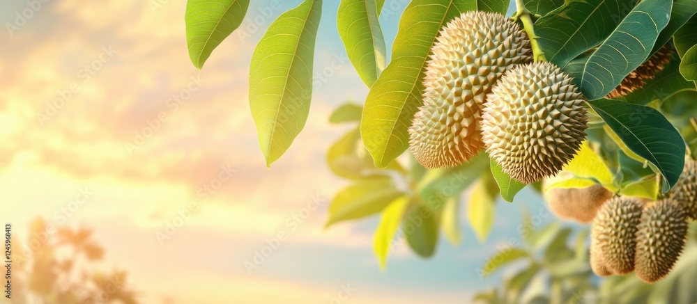 Poster durian tree with fruits against a beautiful sky creating a tranquil atmosphere for ecological themes
