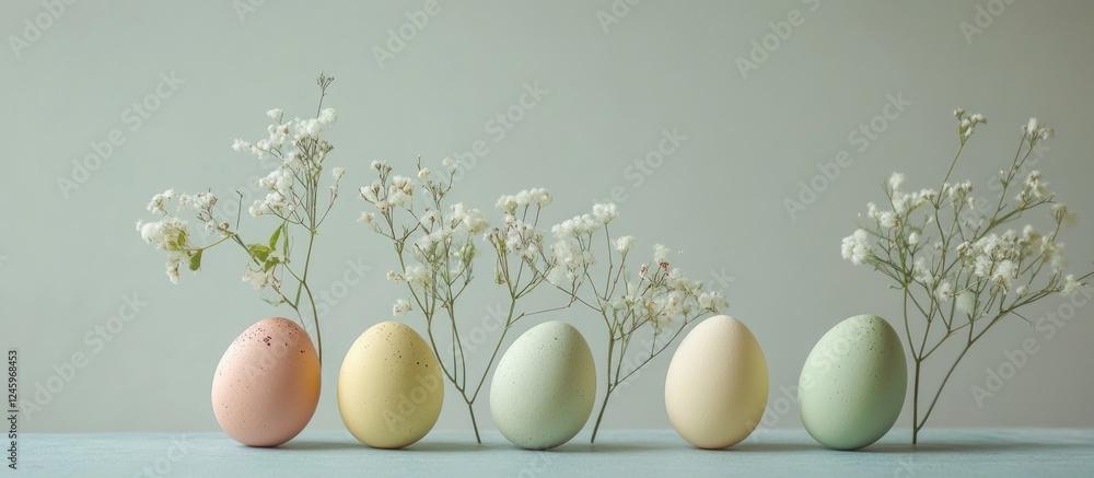 Aufkleber springtime pastel eggs surrounded by delicate flowers on a soft background with ample space for text