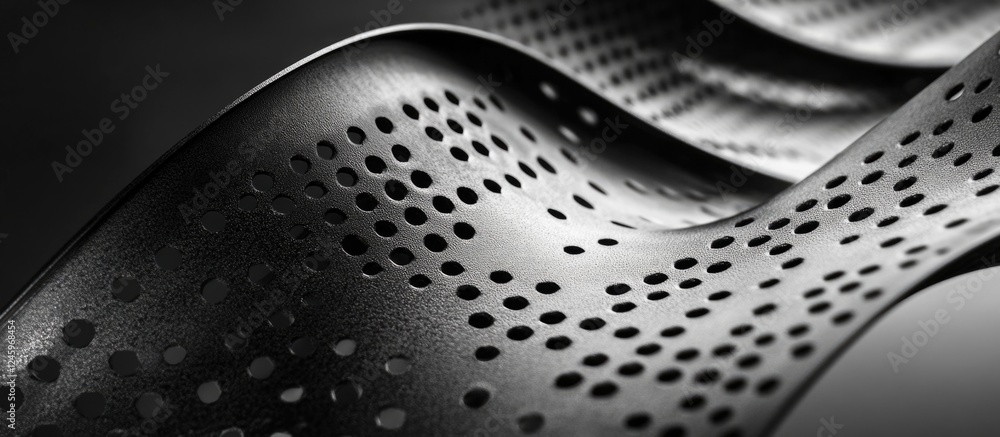 Aufkleber Curved perforated metal sheet close-up in black and white showcasing intricate patterns and textures for design and industrial applications
