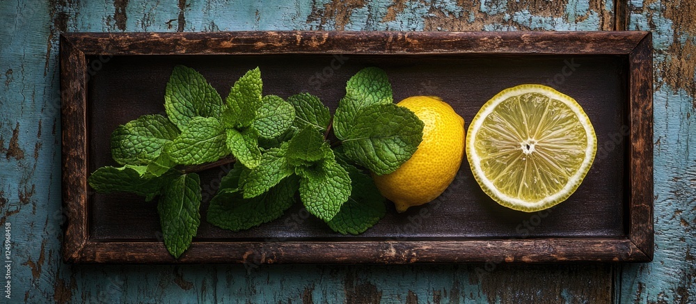 Aufkleber mint and lemon composition in leather frame on burnt wood background creating a rustic culinary aest