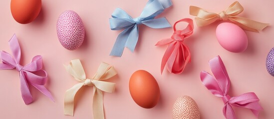 Colorful Easter eggs adorned with decorative ribbons arranged on a soft pink background creating a festive springtime atmosphere.