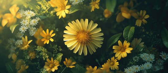 Vibrant close-up of dandelion flowers and wildflowers in a sunny spring background showcasing a rich yellow and white floral texture.