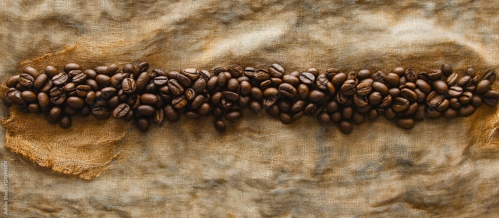 Poster coffee beans arranged on a linen napkin with a textured background showcasing natural tones and dept