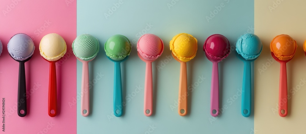 Poster colorful ice cream scoops with various flavors on solid background ideal for summer promotions and d