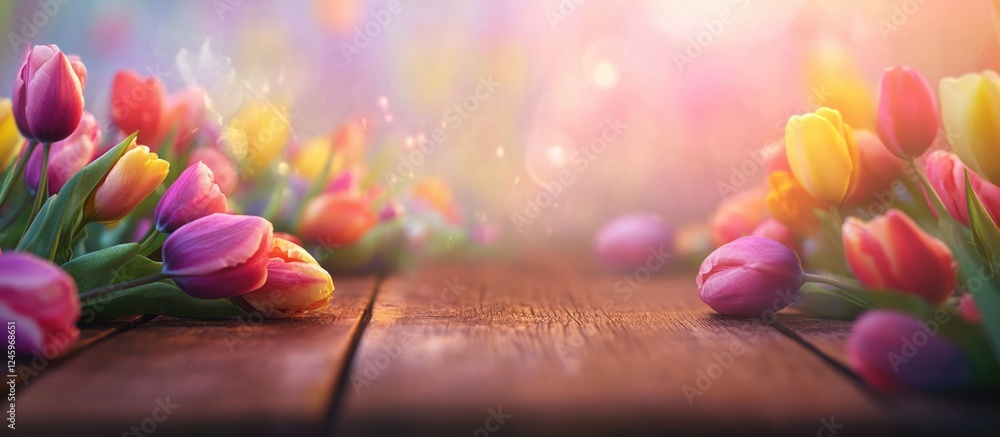 Poster easter themed background with colorful tulips on a wooden table creating a vibrant bokeh effect idea