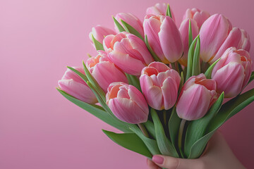 Fototapeta premium Person holding a bouquet of pink tulips with green leaves in a natural outdoor setting during daylight