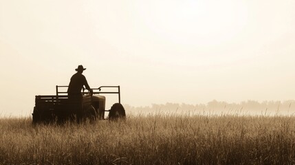 Naklejka premium Farmer driving tractor at sunrise across field